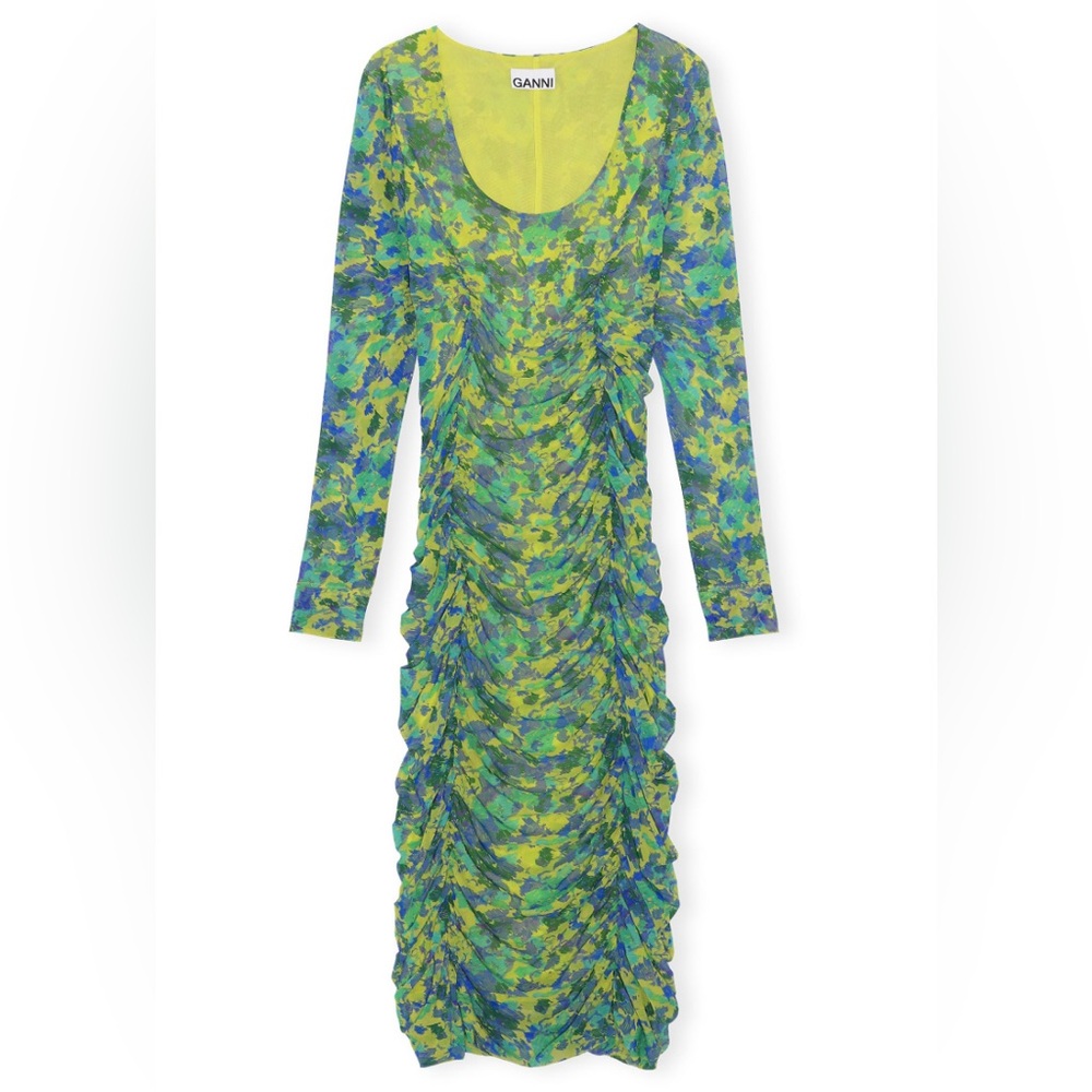 Ganni Printed Mesh Dress in Sulphur Spring Green floral - size 40 medium large